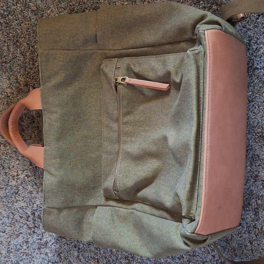 Olive backpack with tan accents